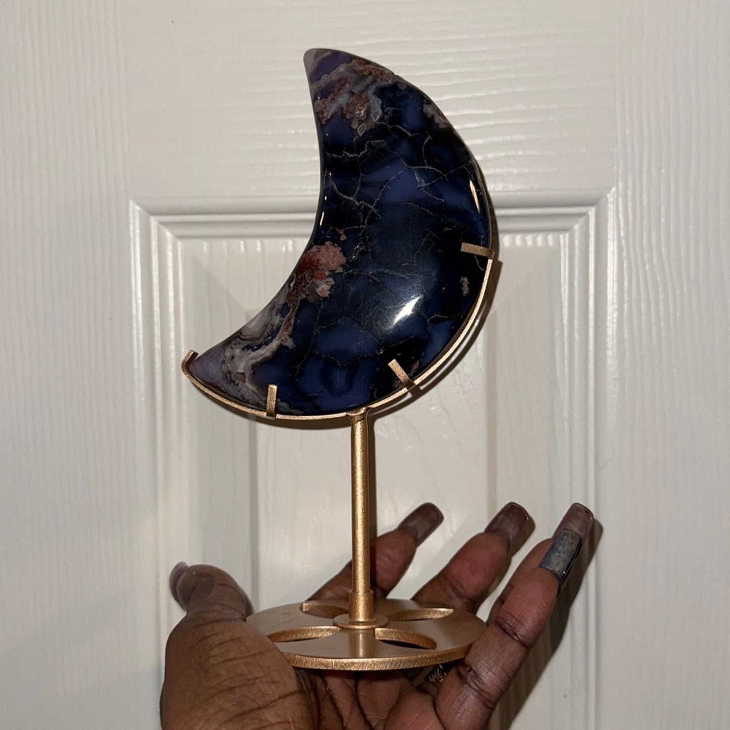 Blue Flower Agate Crescent moon and Stand - BLUEFLWTAGTMOON-001