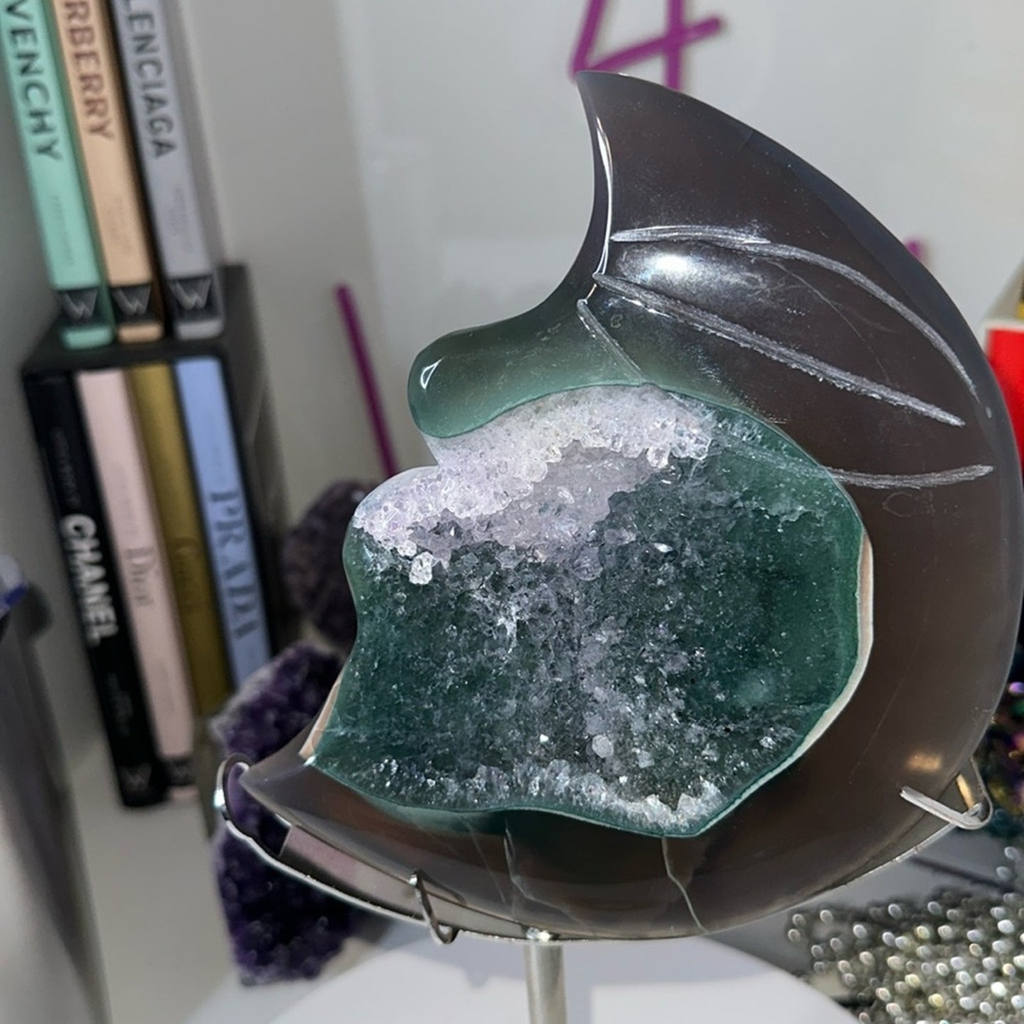 Amethyst, Quartz, & Agate Moon Custom carving AMAGTMOON-MED