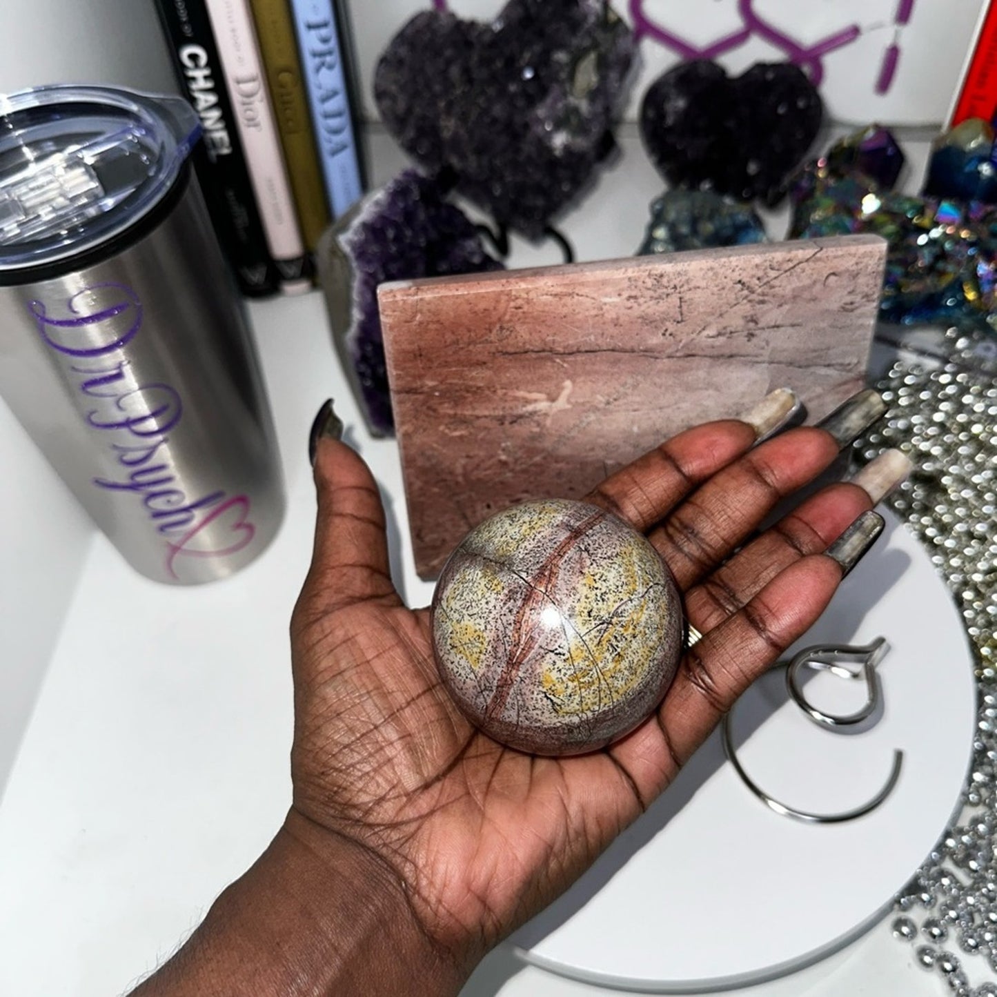 Pink Picture Jasper Slab & Sphere Set - PINKPJSLBSPHSET-002