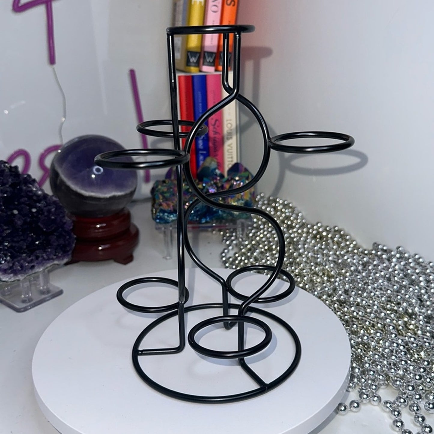 Black Multi-Sphere Tower Holder Crystals Rocks Precious Gem Spheres