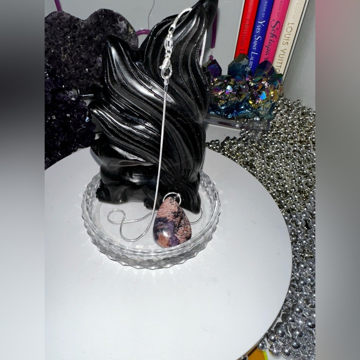 Charoite Teardrop Pendant Natural Stone Sterling Silver 925 Necklace 18”