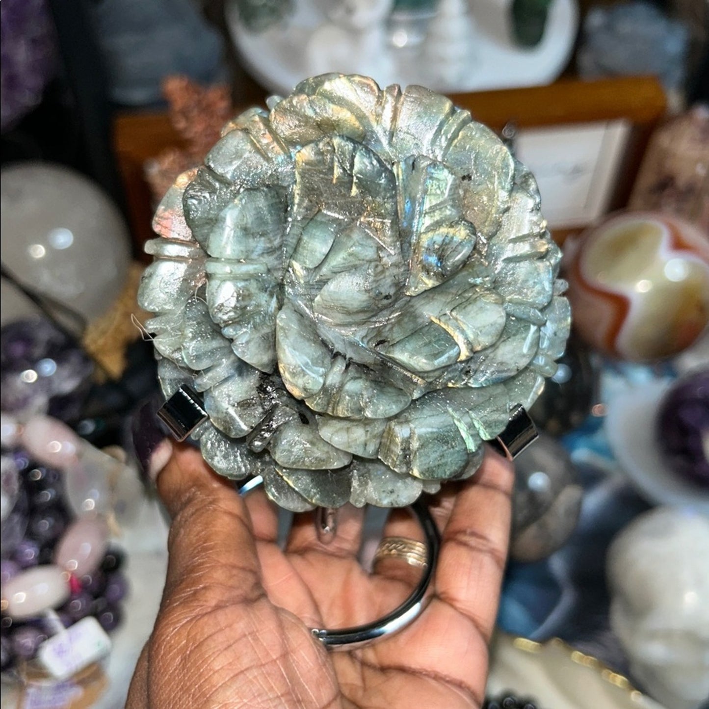 Labradorite Lotus Flower and stand Large
