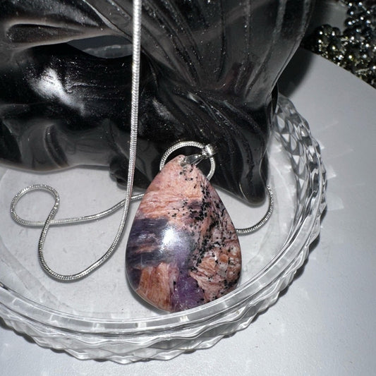 Charoite Teardrop Pendant Natural Stone Sterling Silver 925 Necklace 18”