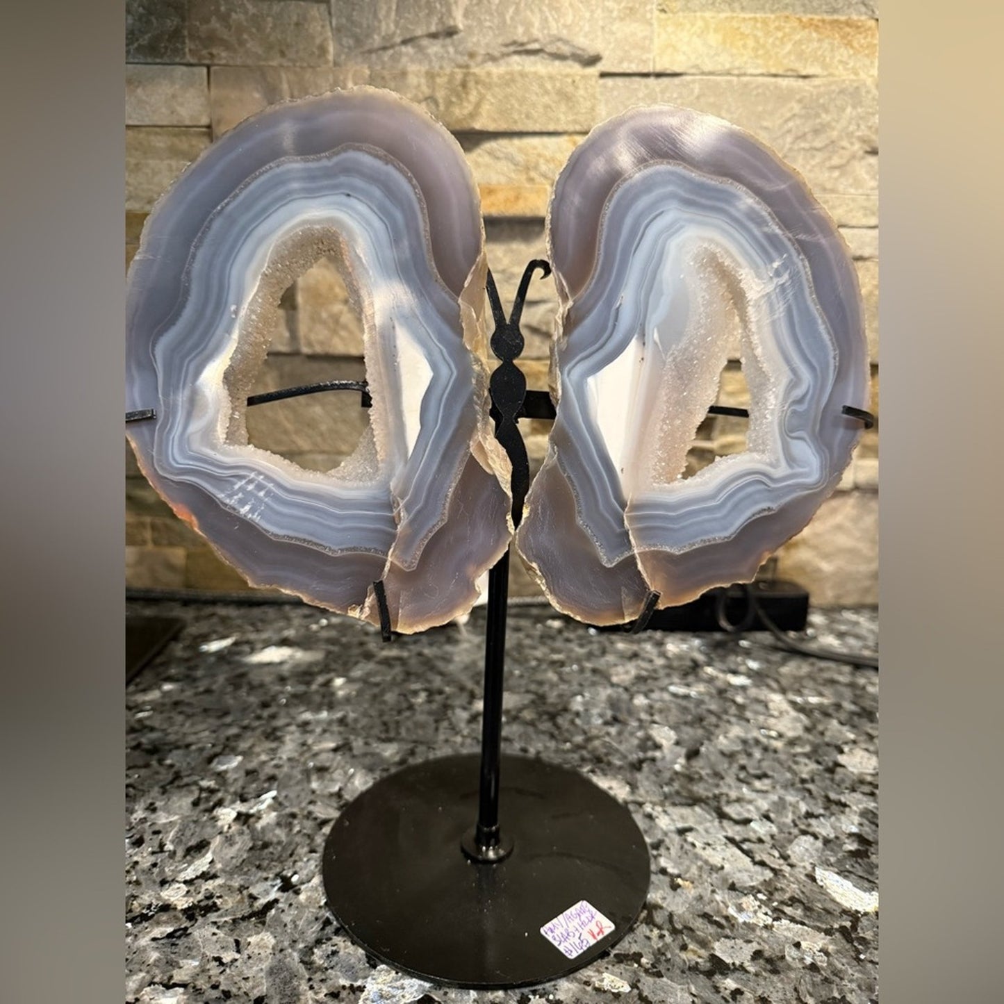 Blue Gray Agate Geode slice Butterfly on Black Stand