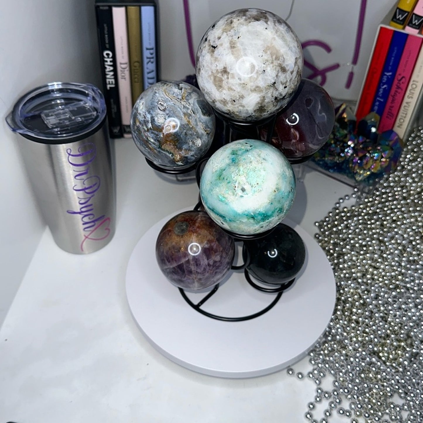 Black Multi-Sphere Tower Holder Crystals Rocks Precious Gem Spheres