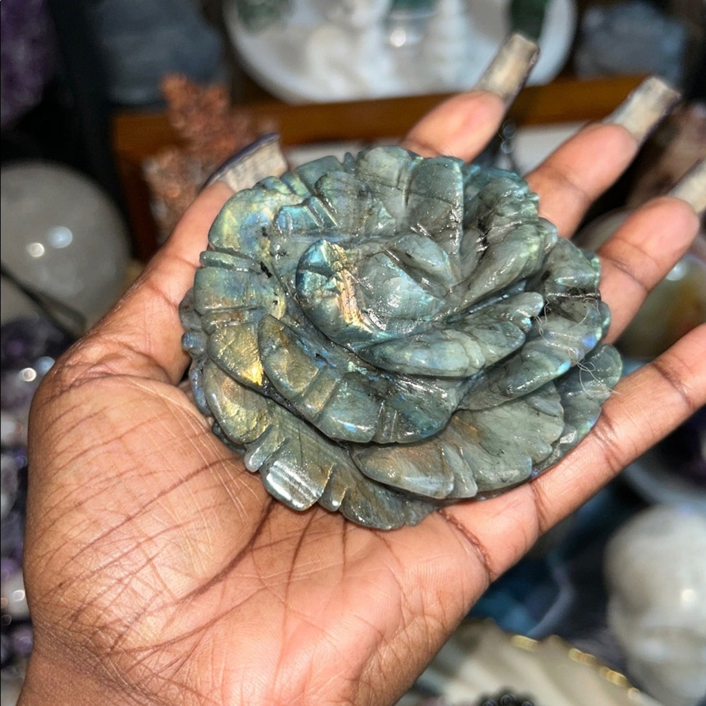 Labradorite Lotus Flower and stand Large