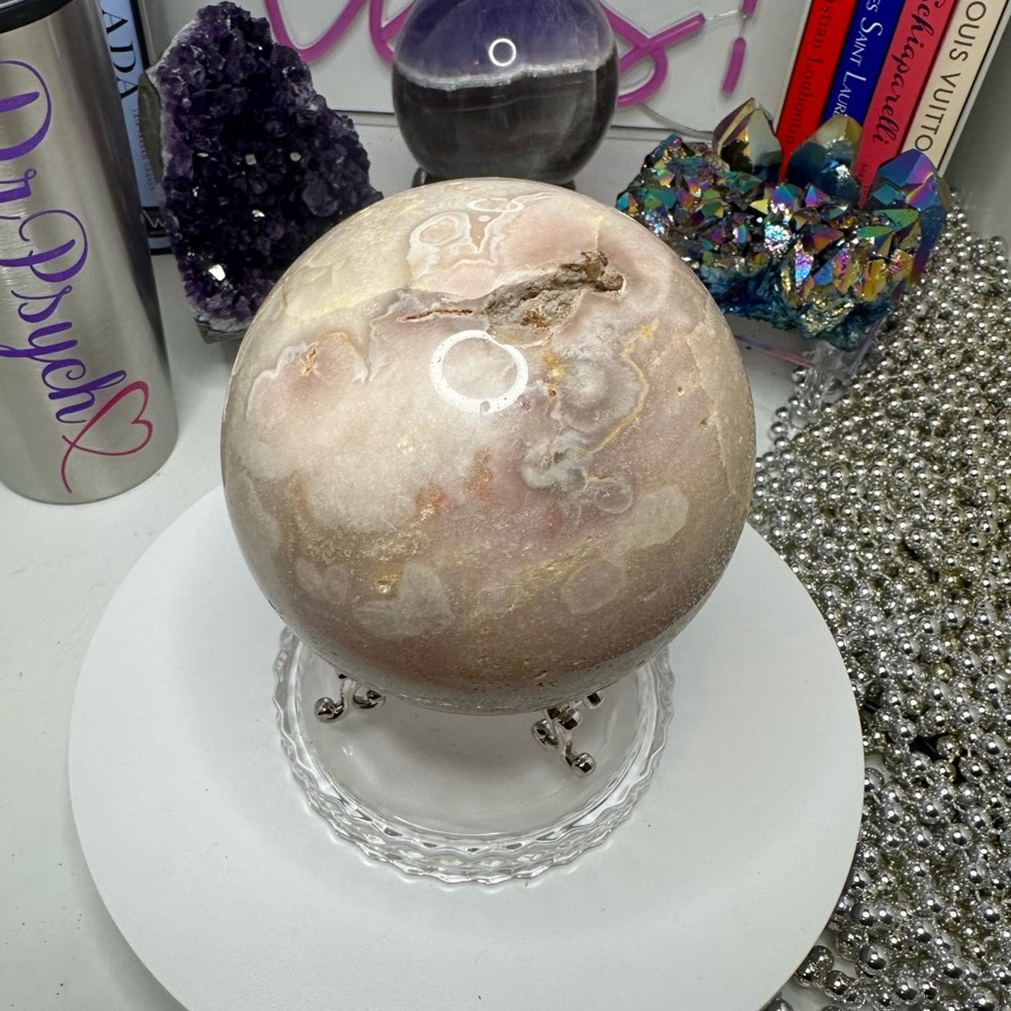 Pink Amethyst, Pink Opal, Calcite, & Flower Agate Jumbo Sphere w/Druzy 99 MM
