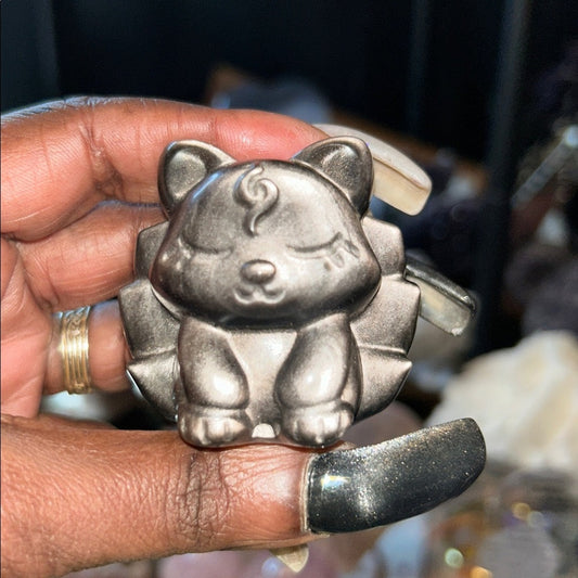 Adorable and Legendary 9-tail Fox in Silver Sheen Obsidian carving