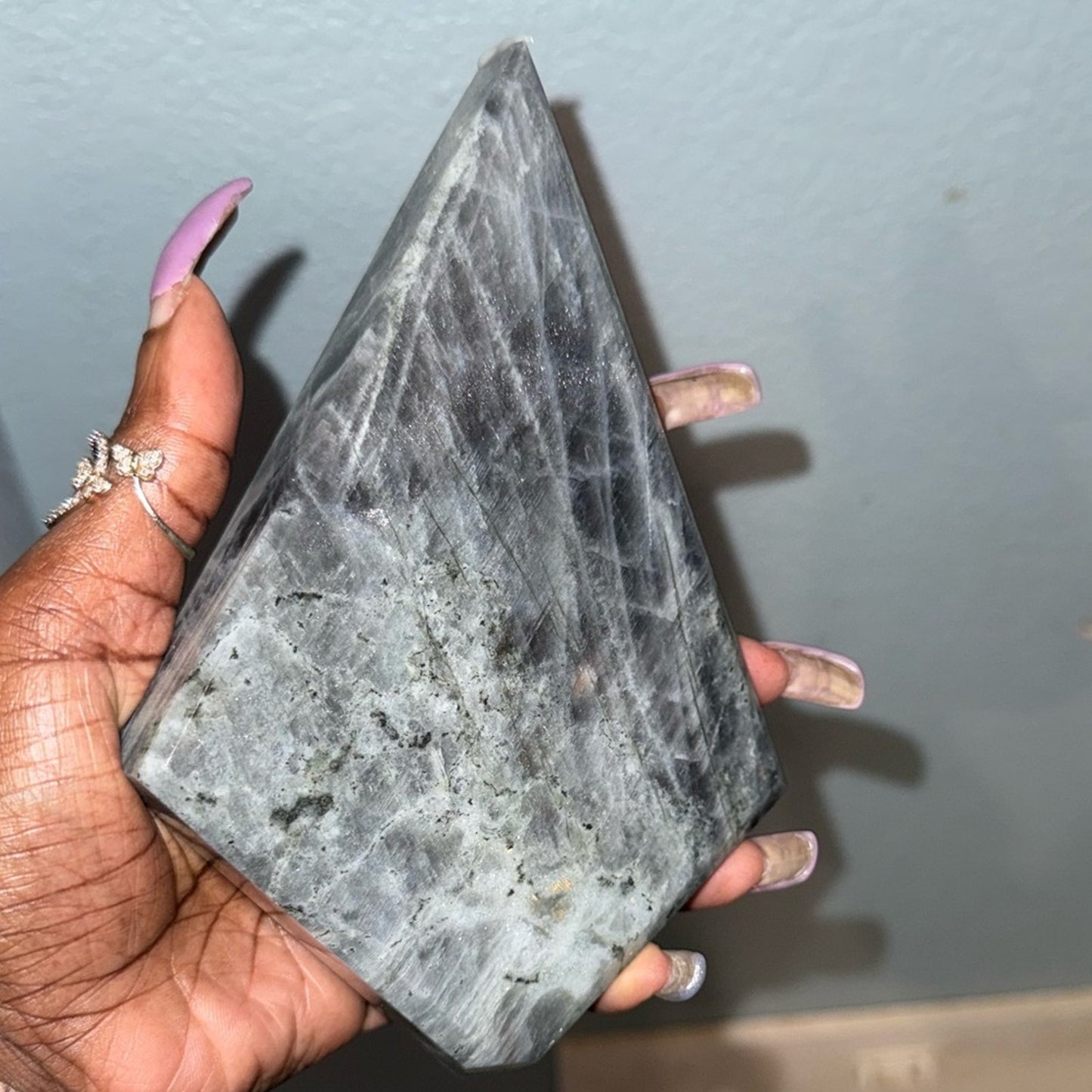 Natural Labradorite Stone Diamond on black metal stand!