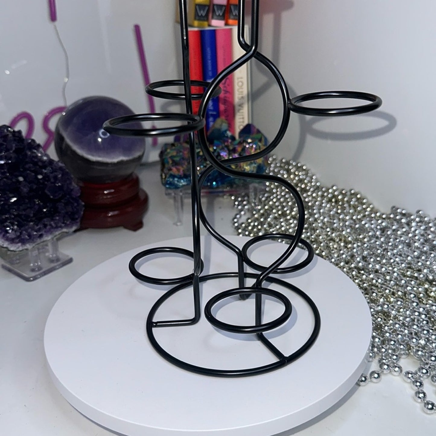 Black Multi-Sphere Tower Holder Crystals Rocks Precious Gem Spheres
