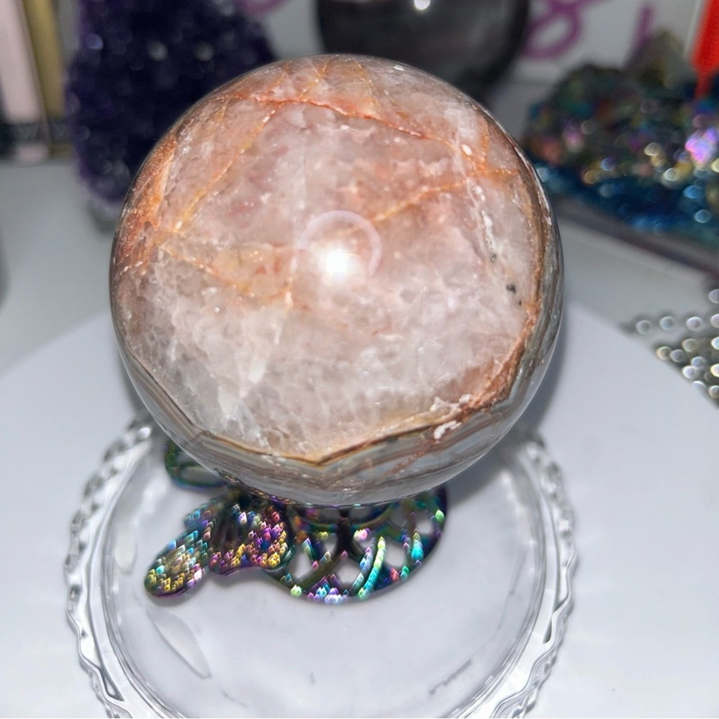 Amethyst and Mexican Lace Agate Sphere 74MM - MXAGAMYSPSML
