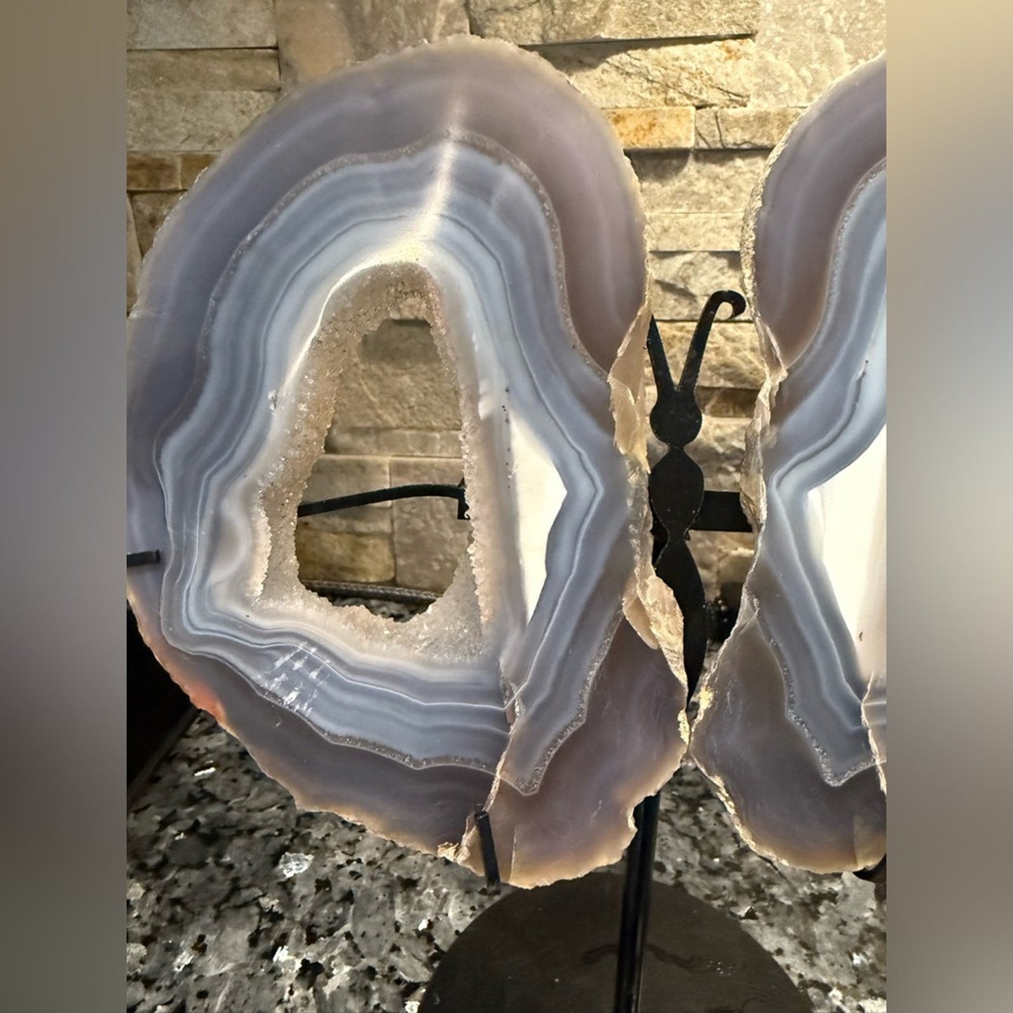 Blue Gray Agate Geode slice Butterfly on Black Stand