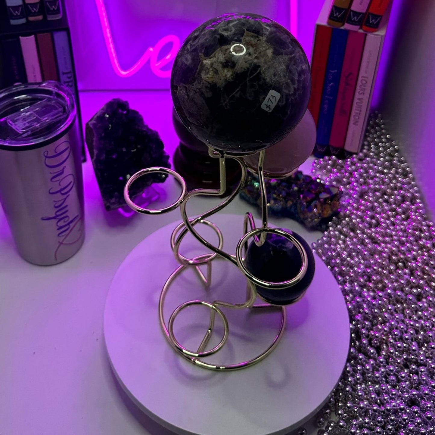 Gold color Multi-Sphere Tower Holder Crystals Rocks Precious Gem Sphere Holder