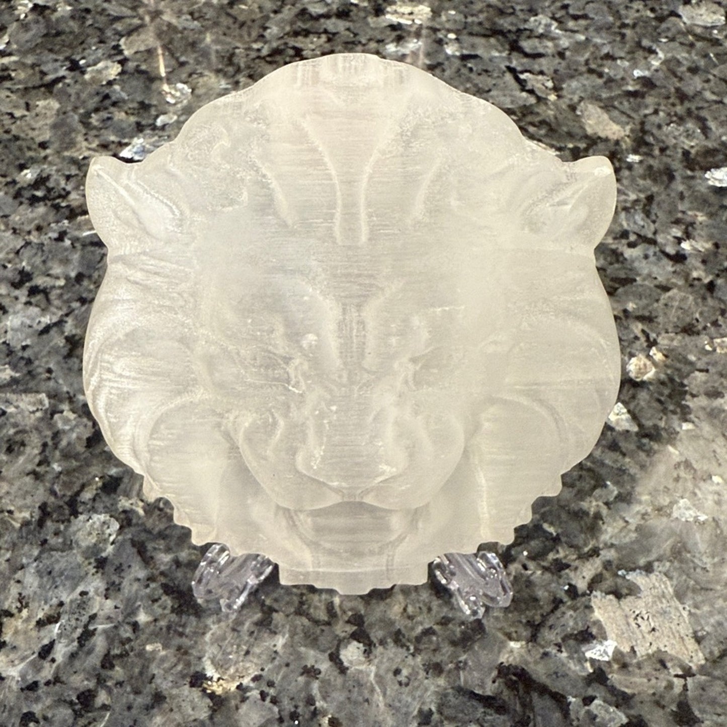 Satin Spar White Lion Head Crystal Carving