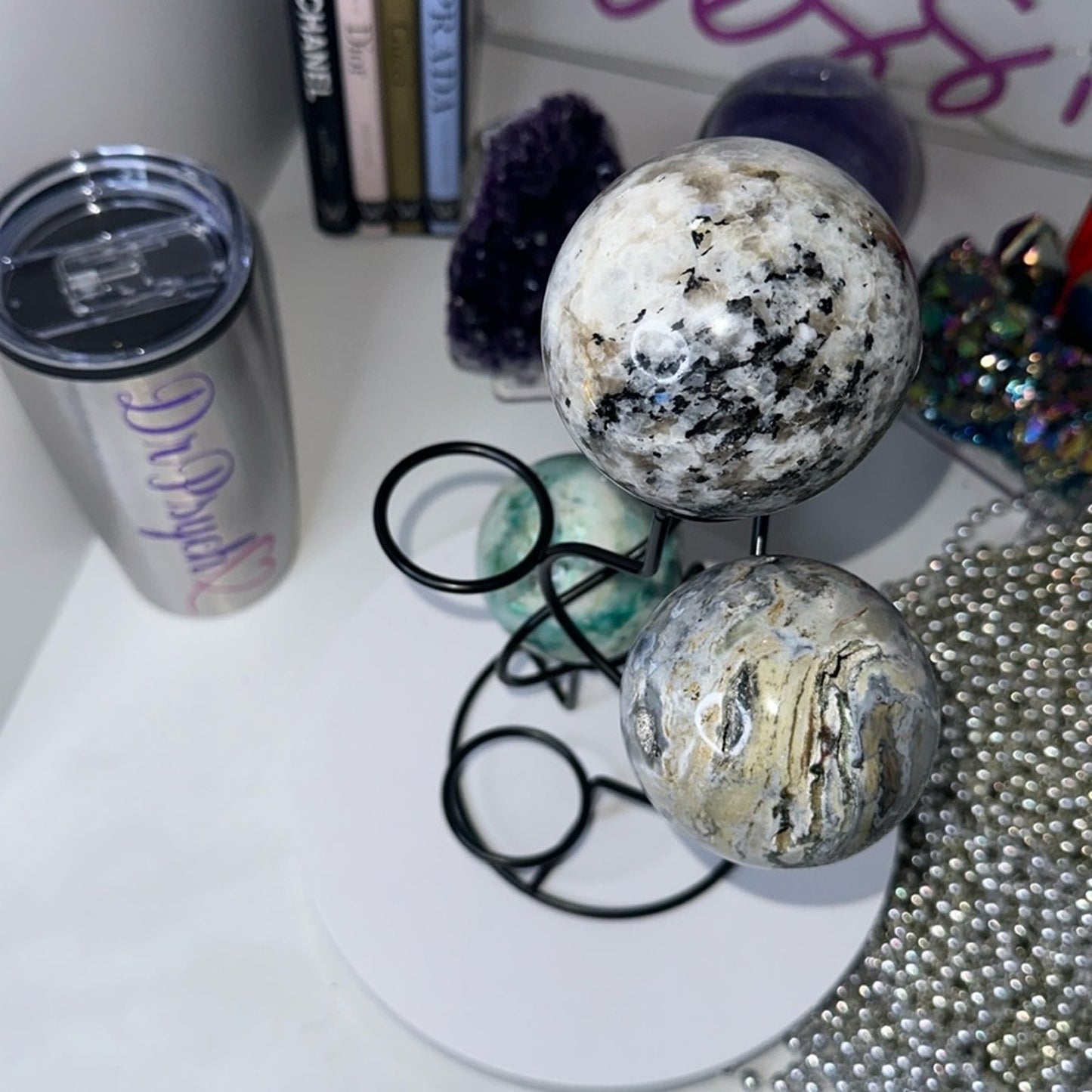Black Multi-Sphere Tower Holder Crystals Rocks Precious Gem Spheres