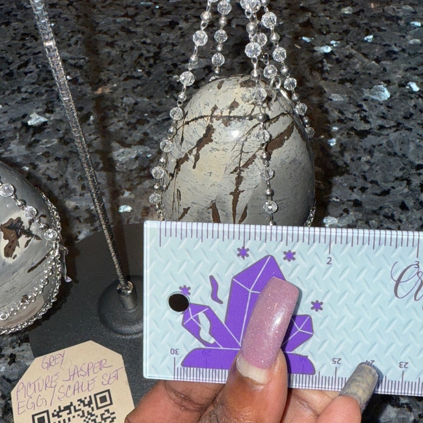 Picture Jasper Crystal Eggs with Silver Scale Chain Holder Set 🌹🌹