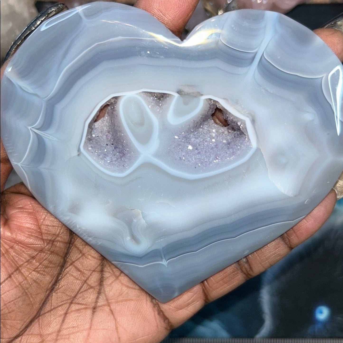 Blue Agate Heart with sugar Amethyst