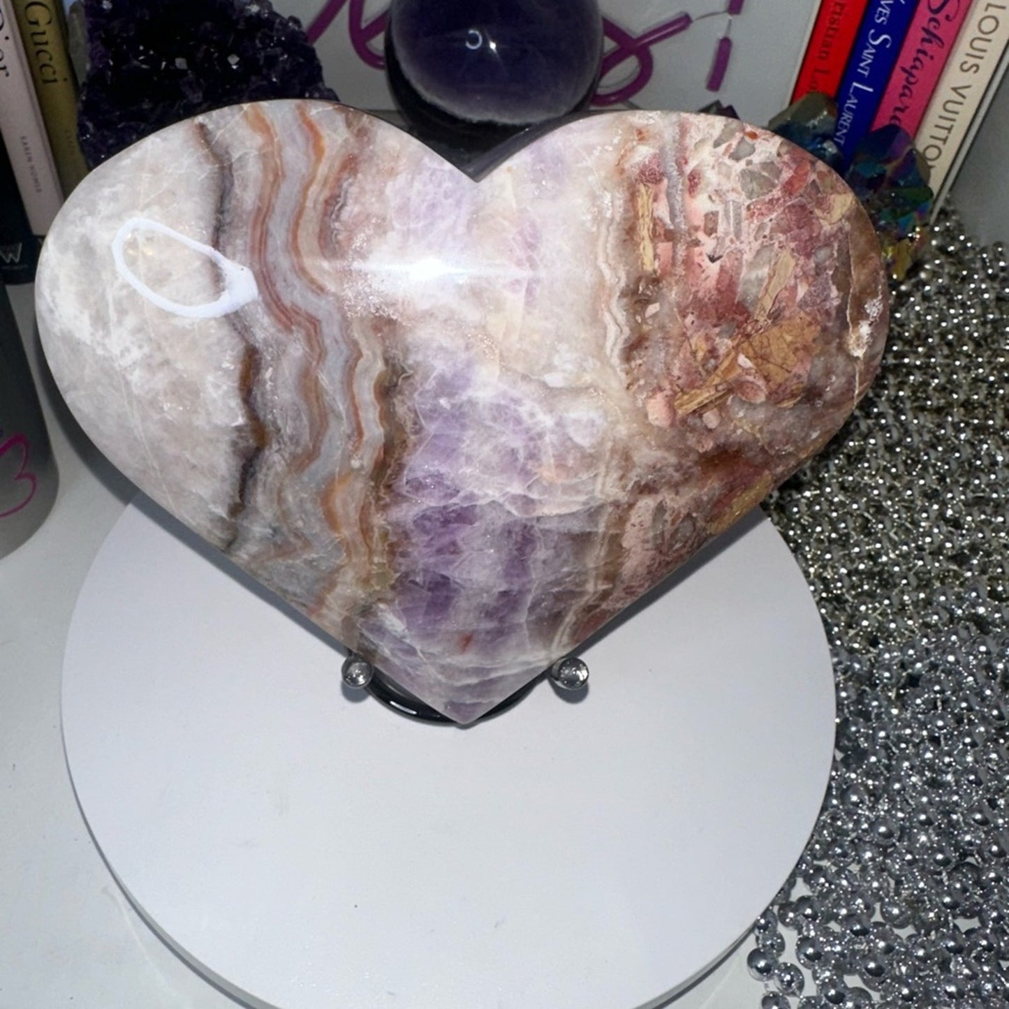 Mexican Lace Agate and Amethyst Heart LARGE - MCAMYHRT-LRG 1436g 6.50”