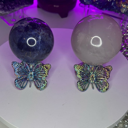 2 for $29 - Butterfly Crystals Rocks Precious Gem Sphere Holder Stand - Rainbow