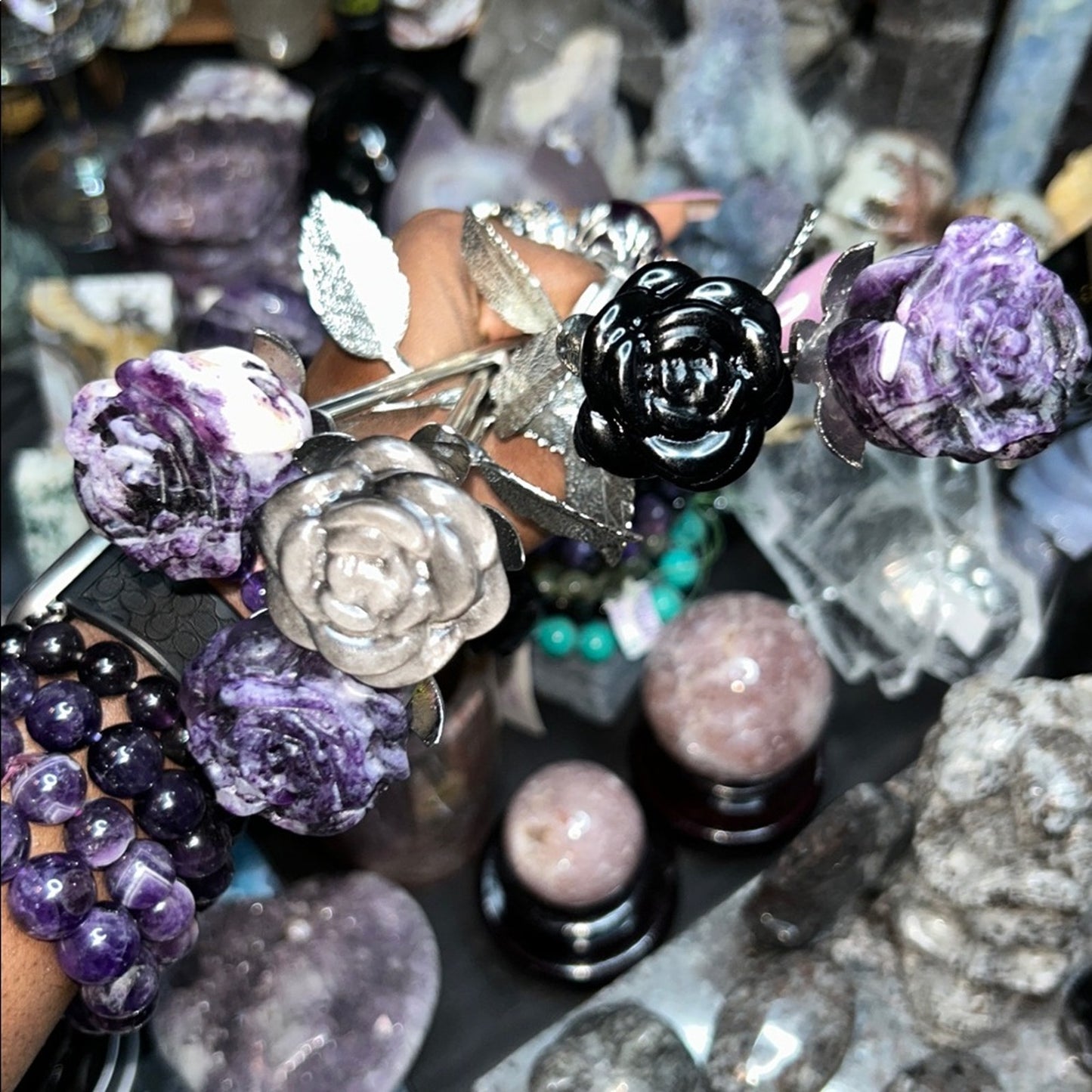 Fluorite root or Obsidian Rose Carvings w/Silver Stainless stem - Price for 1 🌹🌹