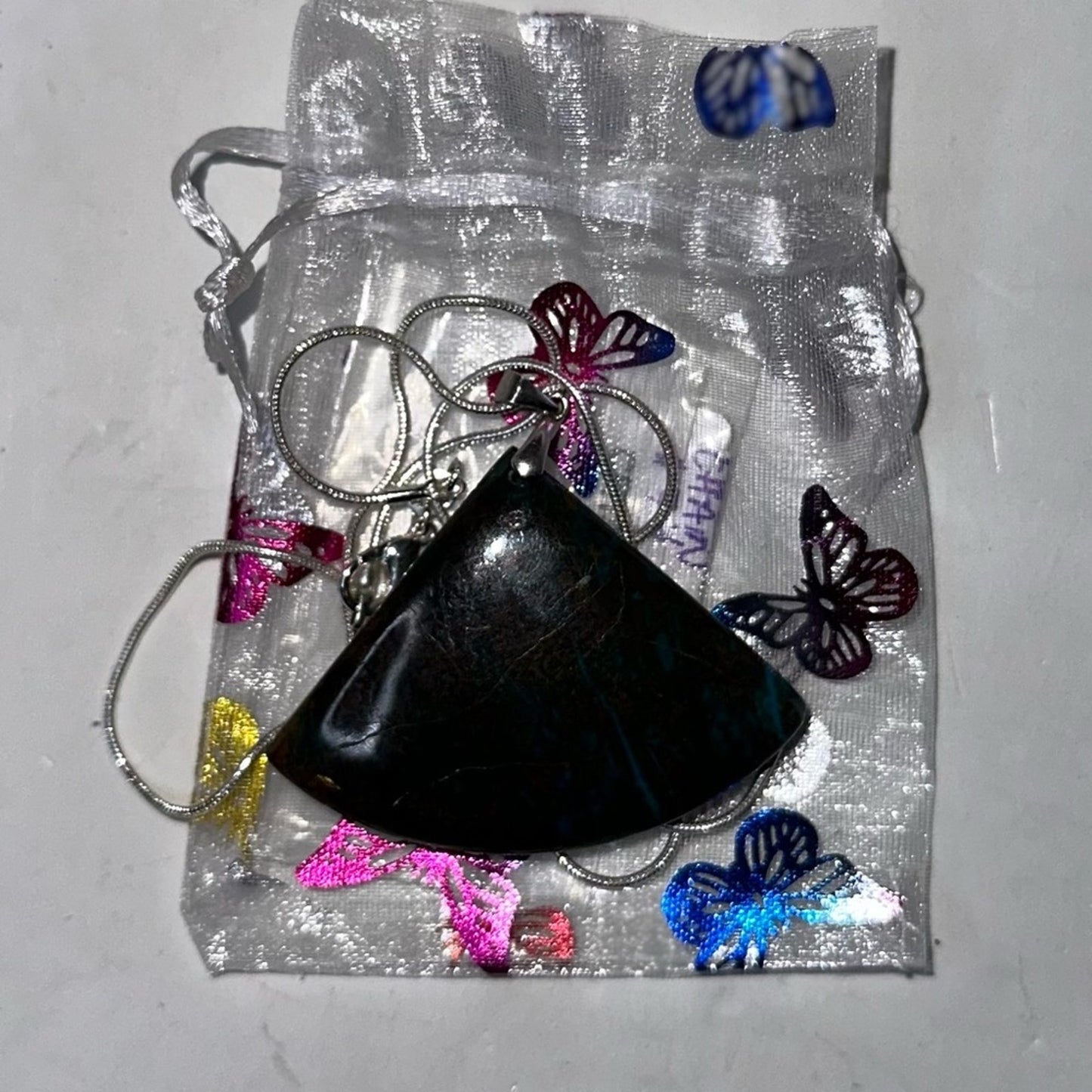 Azurite Fan Pendant Natural Stone Sterling Silver 925 Necklace 18”