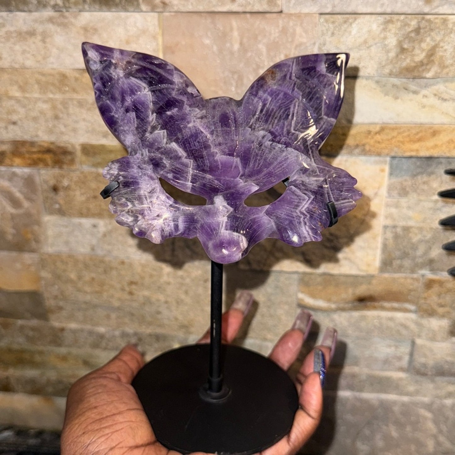 Dream Amethyst Fox Mask on black stand FREE SHIPPING