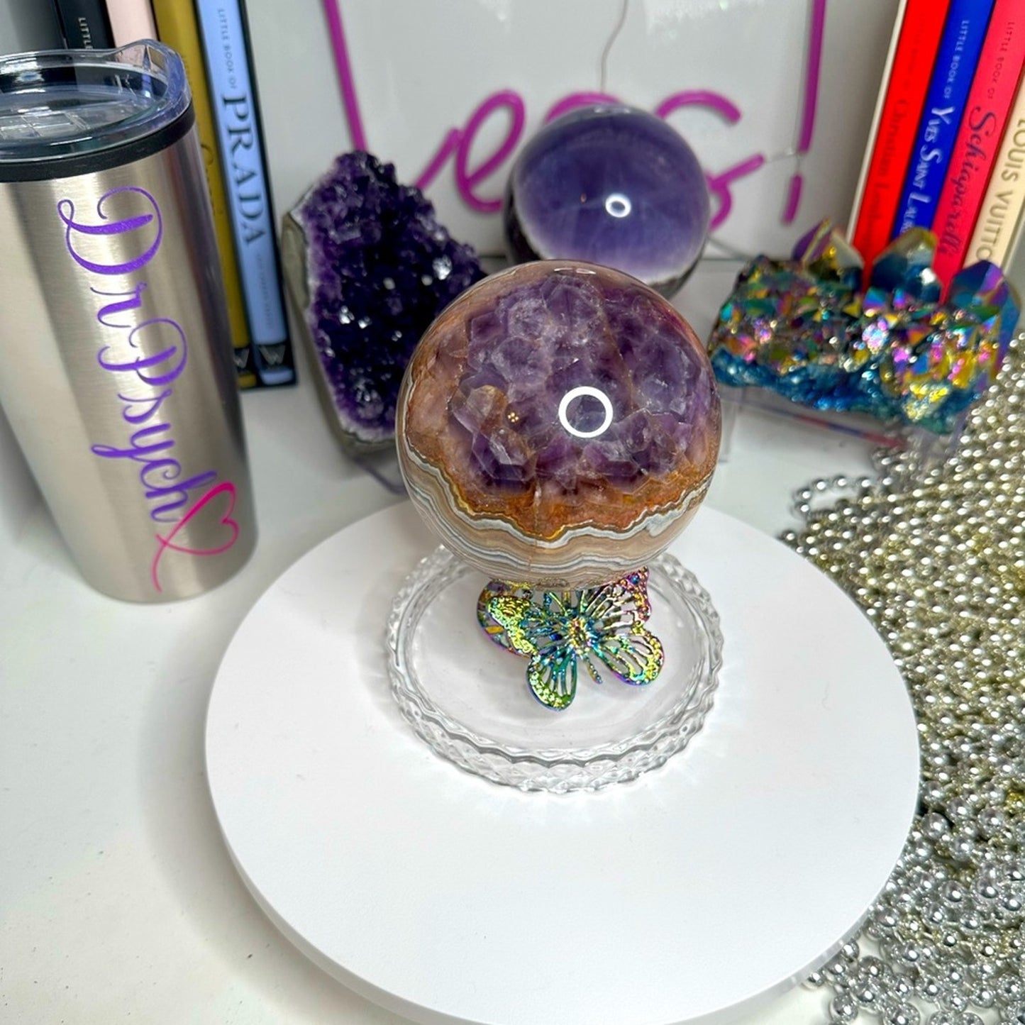 Amethyst and Mexican Lace Agate Sphere - Large 81MM MXAGAMYSPHLRG