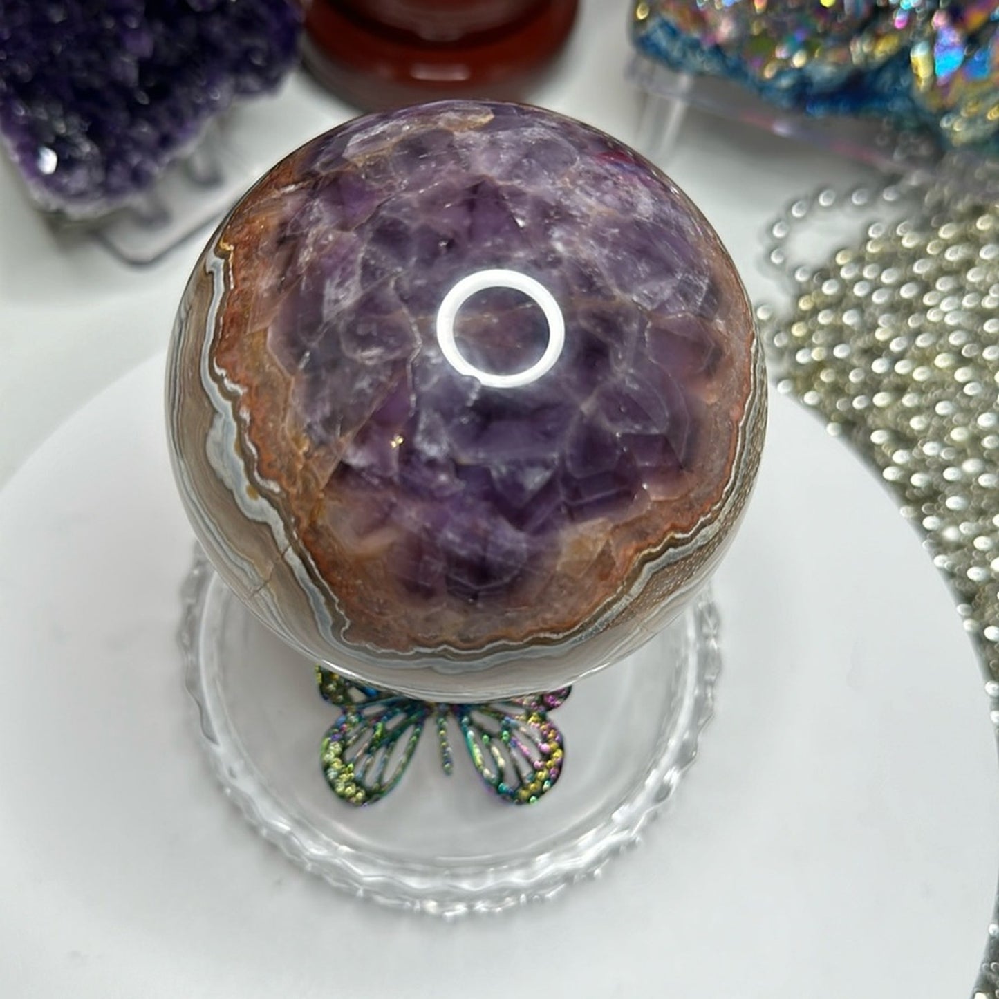 Amethyst and Mexican Lace Agate Sphere - Large 81MM MXAGAMYSPHLRG