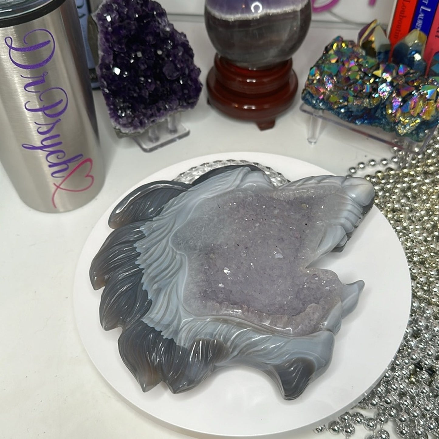 Blue Lace Agate and Amethyst Sugar Wolf Carving - BAAMYWLFCRV-001