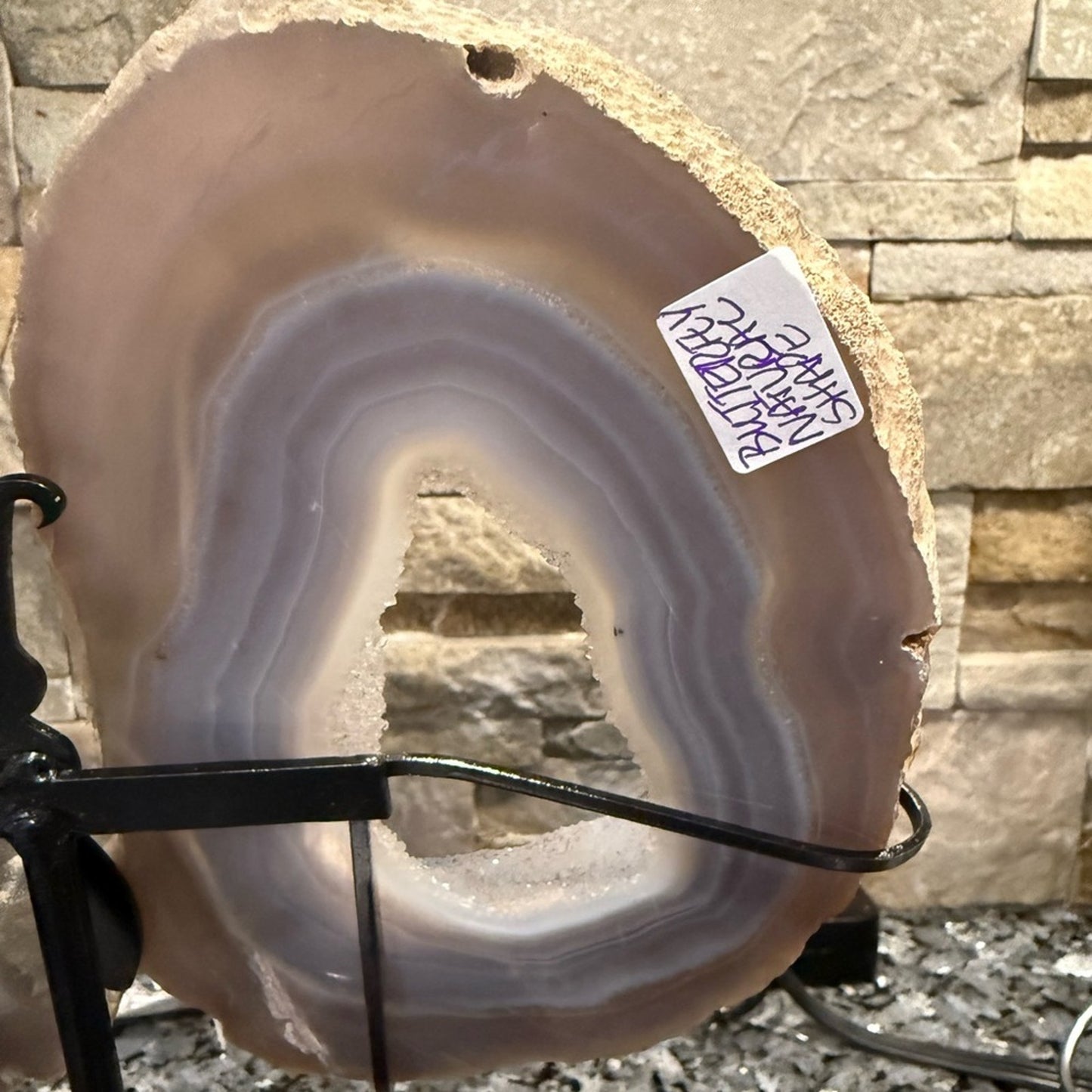 Blue Gray Agate Geode slice Butterfly on Black Stand