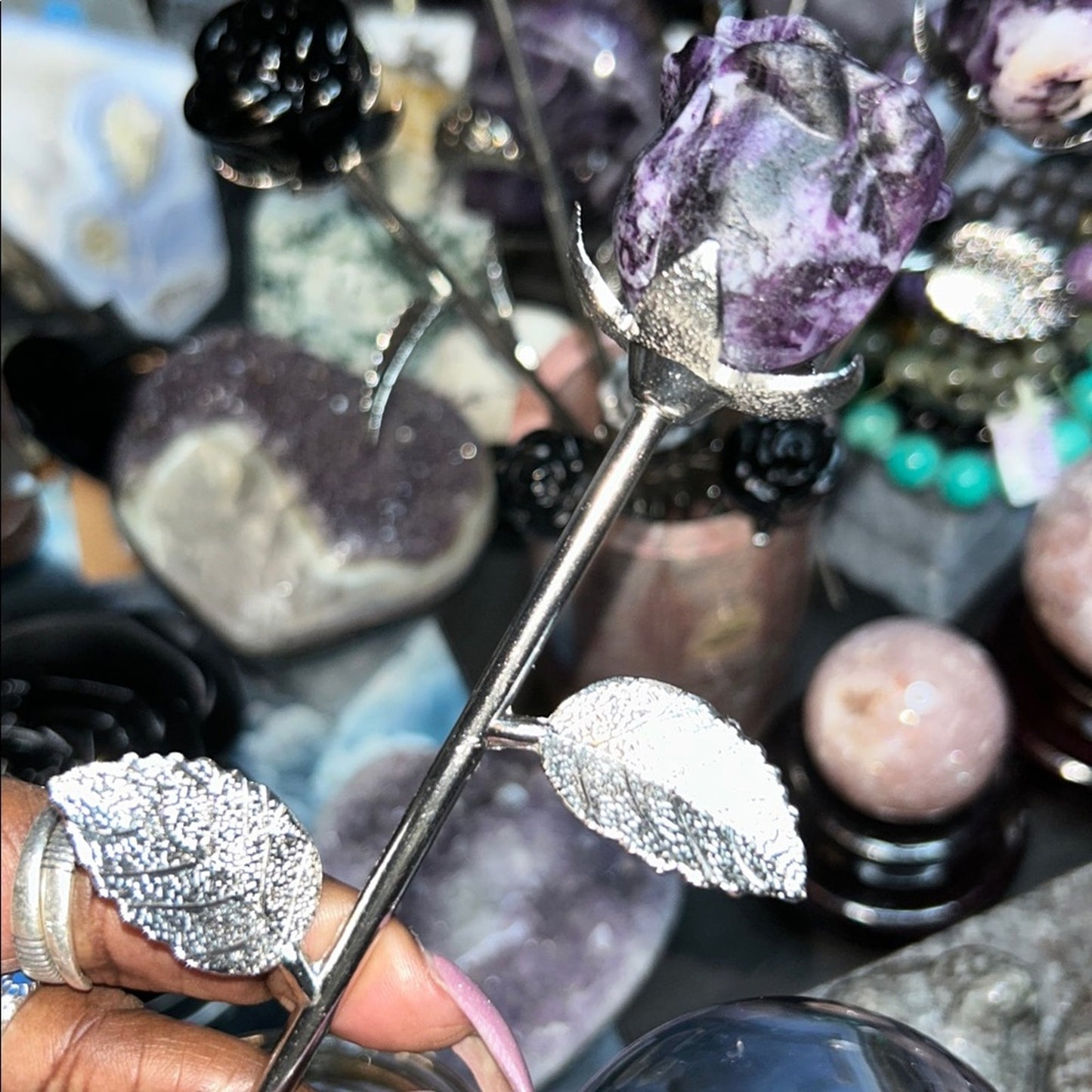 Fluorite root or Obsidian Rose Carvings w/Silver Stainless stem - Price for 1 🌹🌹
