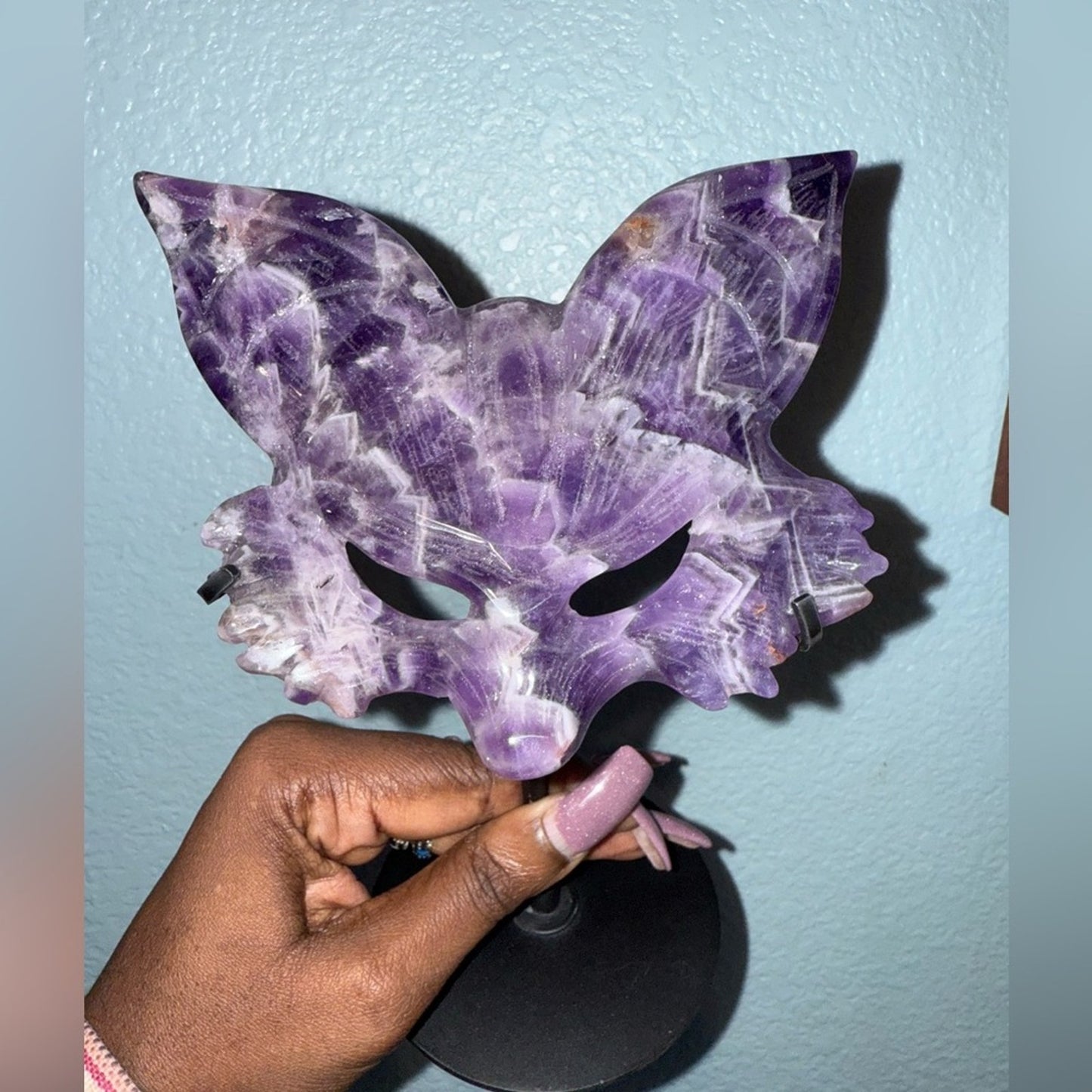 Dream Amethyst Fox Mask on black stand FREE SHIPPING