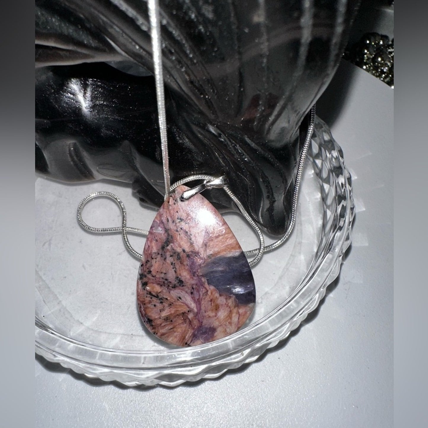 Charoite Teardrop Pendant Natural Stone Sterling Silver 925 Necklace 18”