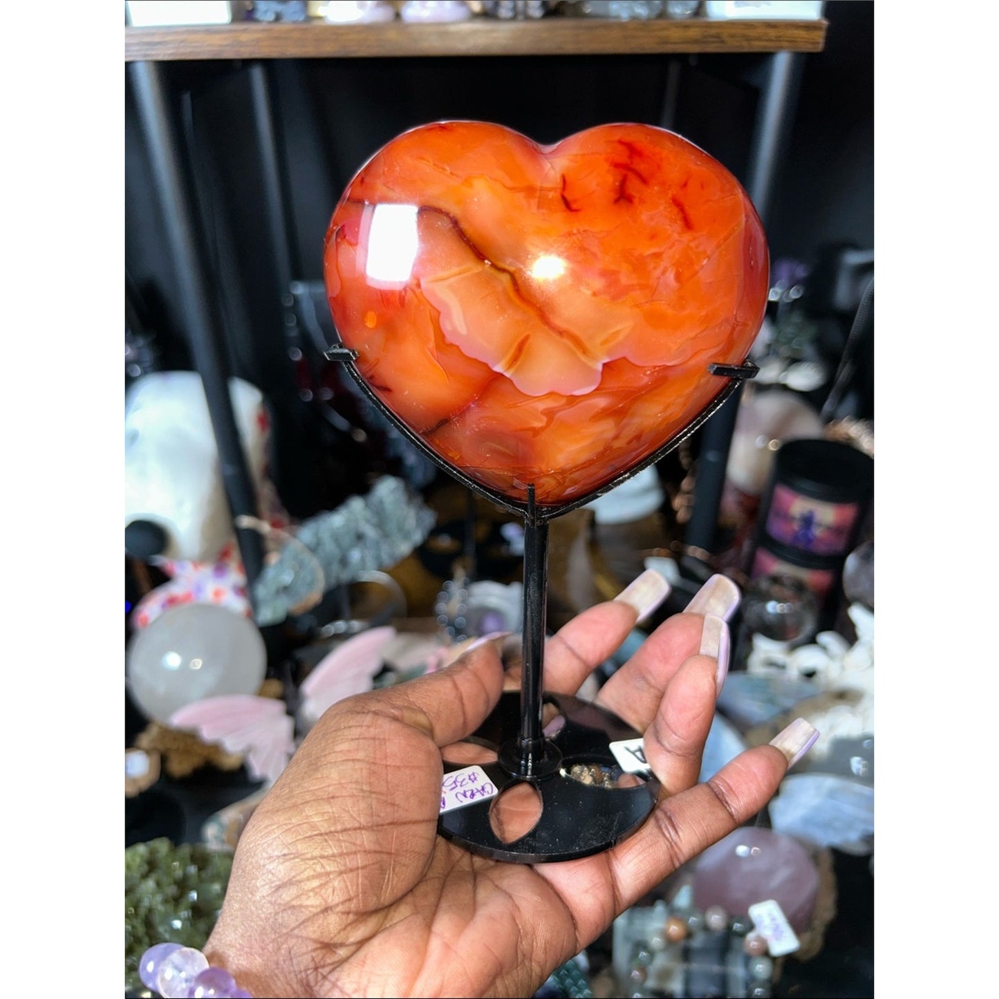 Polished Carnelian Agate Heart Gemstone w/Metal Stand - PRICE VERY FIRM