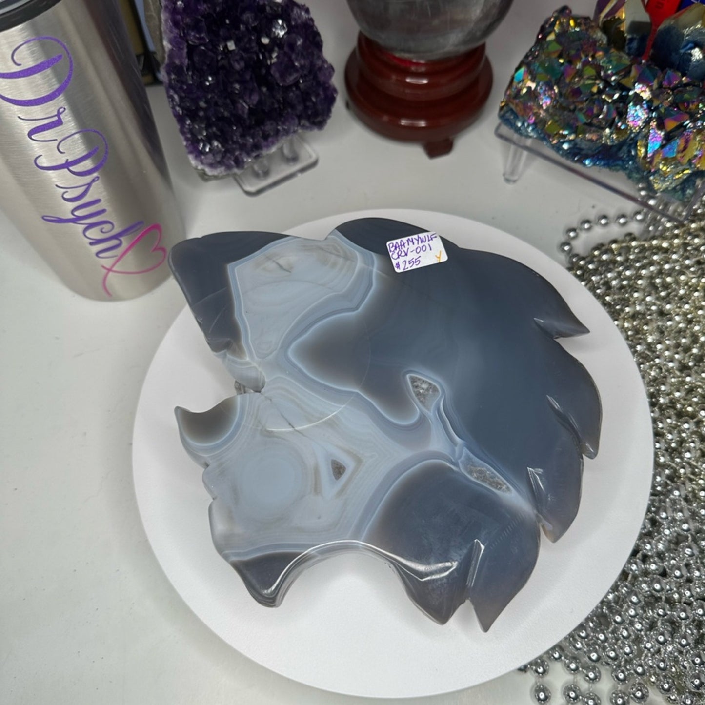 Blue Lace Agate and Amethyst Sugar Wolf Carving - BAAMYWLFCRV-001