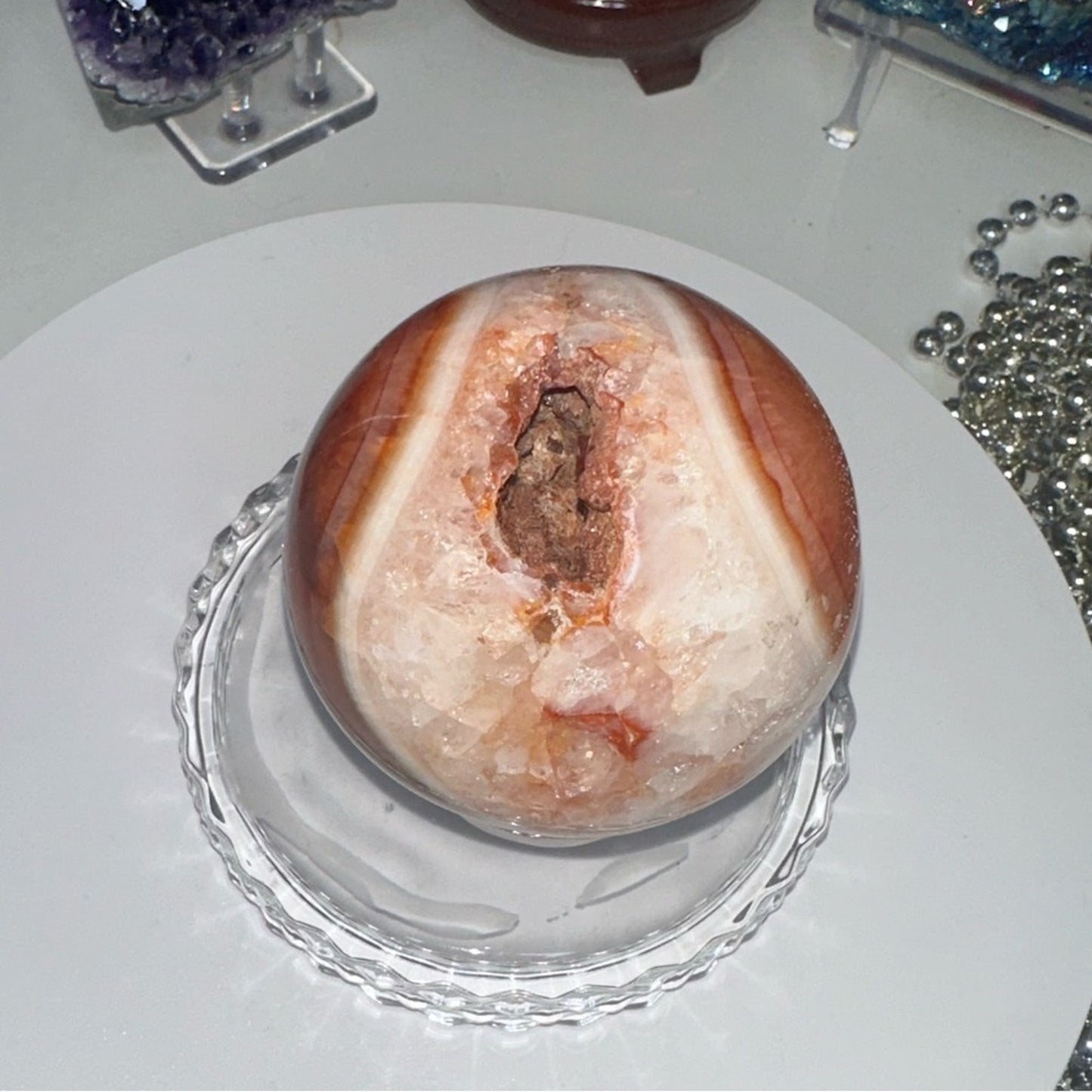 Carnelian Agate Quartz Druzy Sphere 74MM - CNAGATESPDRZ -001