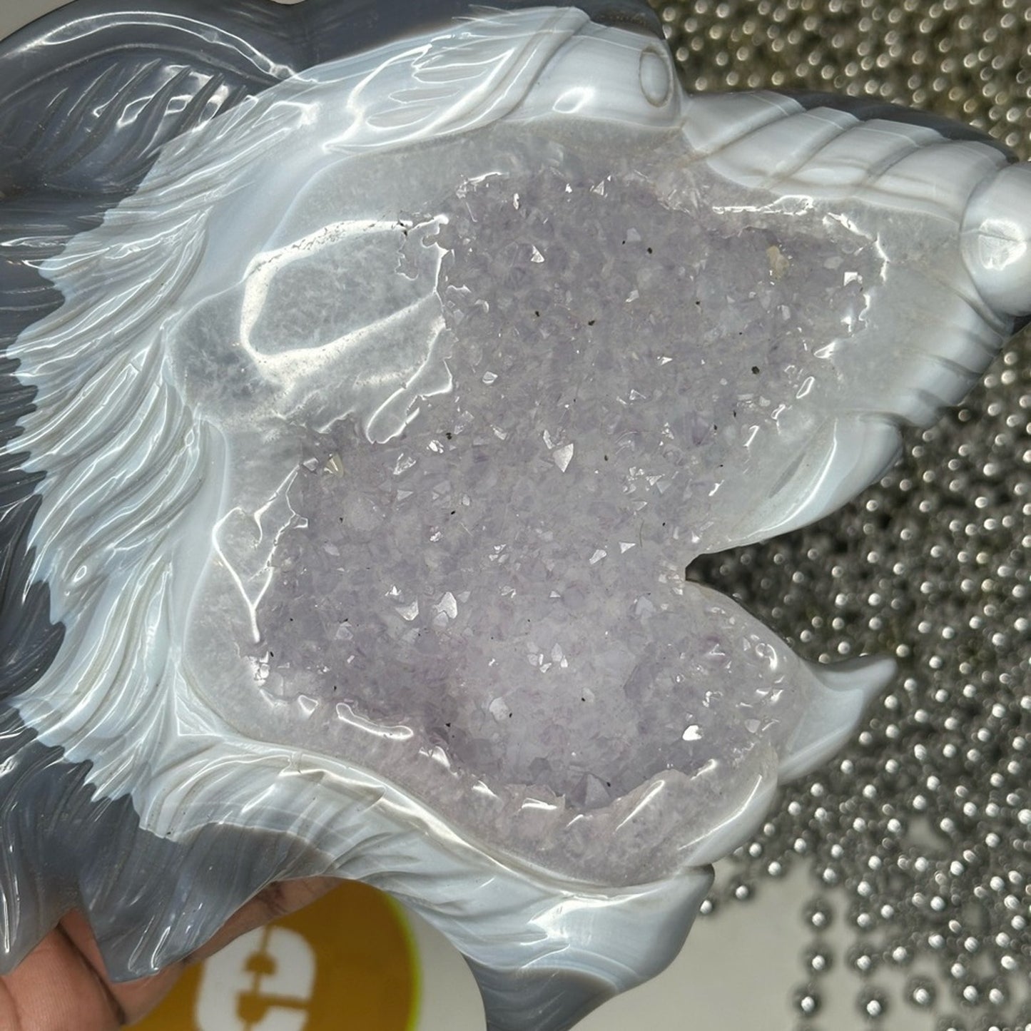 Blue Lace Agate and Amethyst Sugar Wolf Carving - BAAMYWLFCRV-001