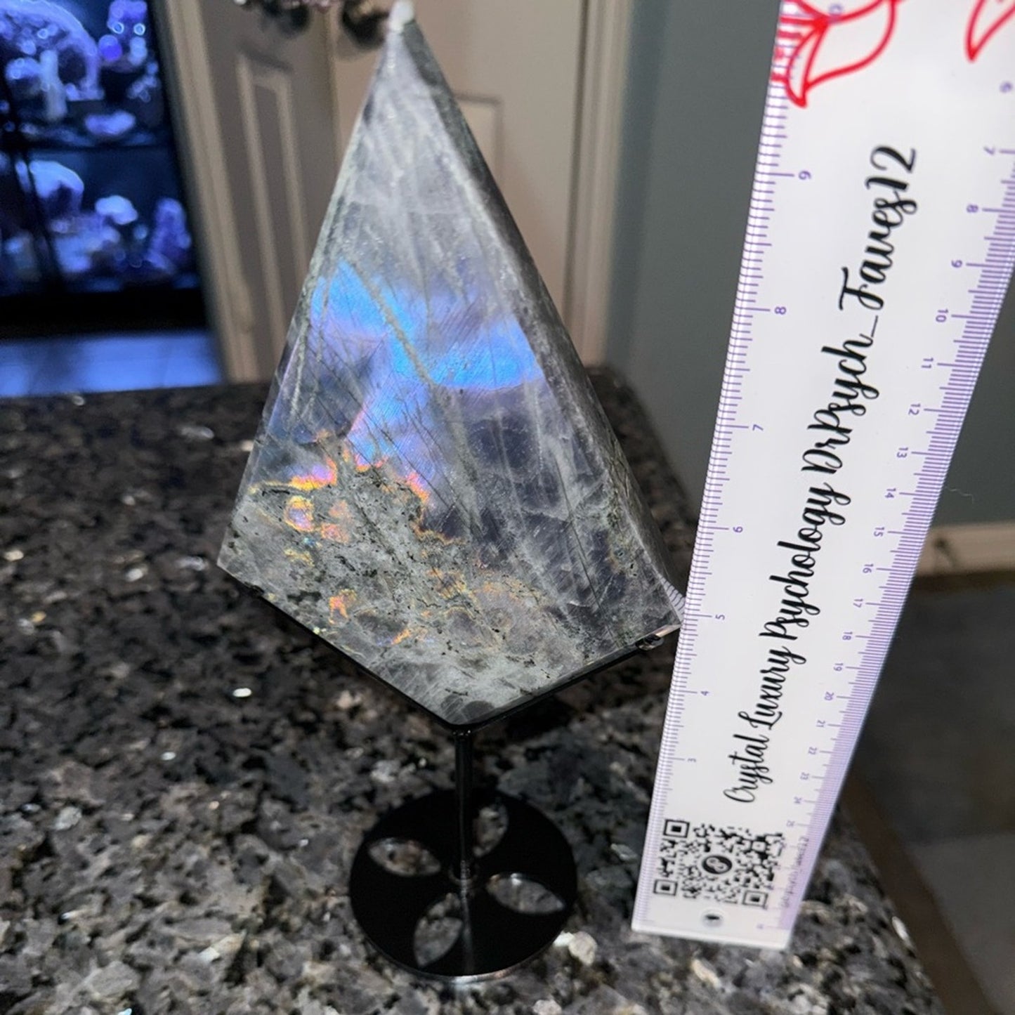 Natural Labradorite Stone Diamond on black metal stand!