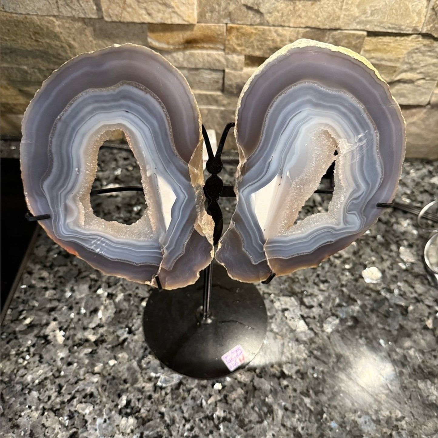 Blue Gray Agate Geode slice Butterfly on Black Stand