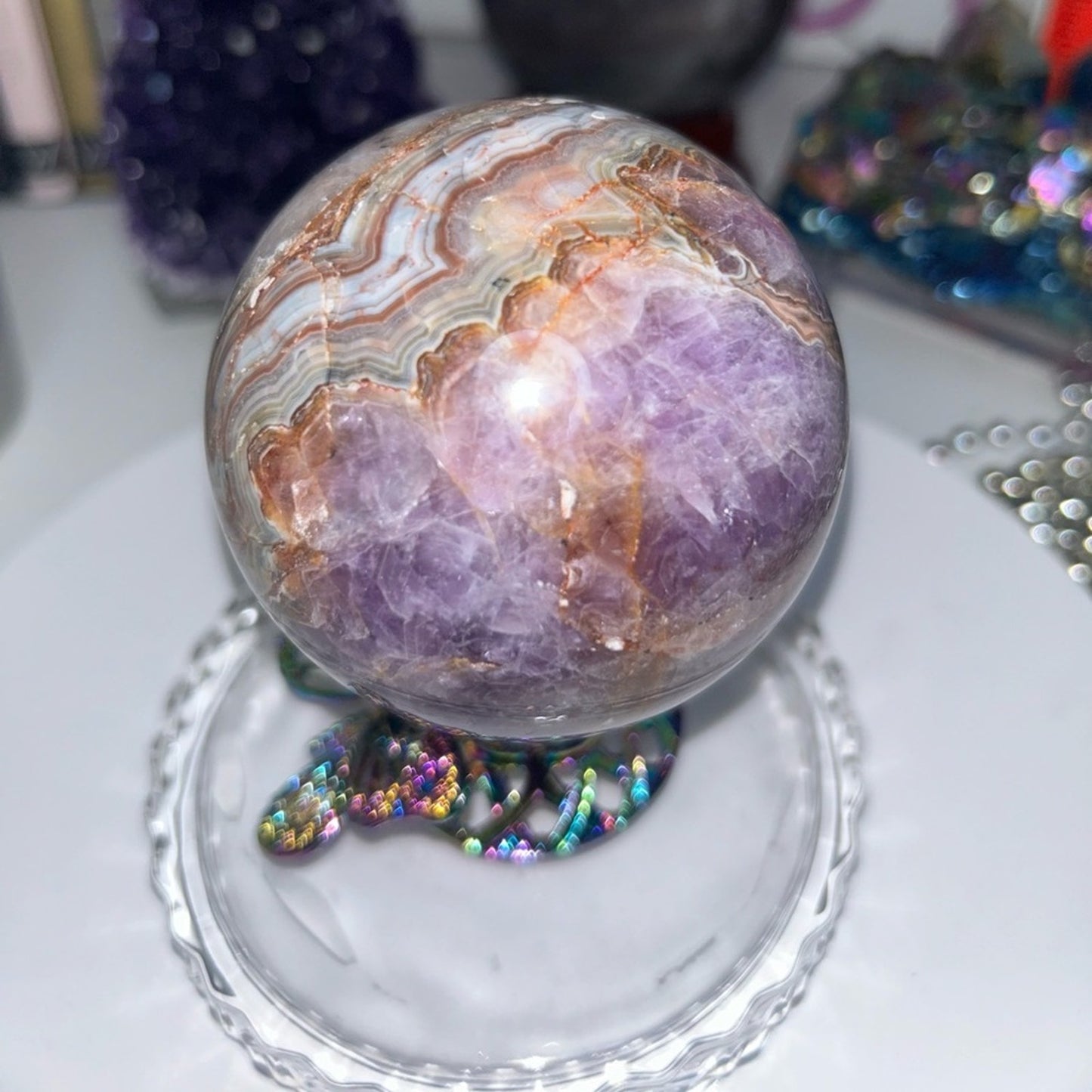 Amethyst and Mexican Lace Agate Sphere 74MM - MXAGAMYSPSML