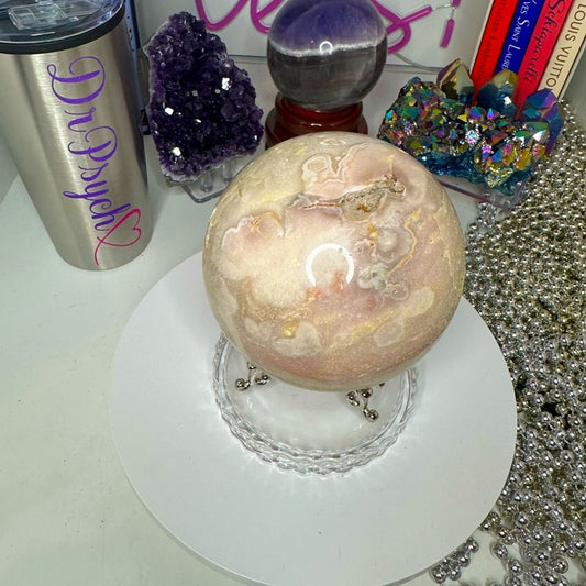 Pink Amethyst, Pink Opal, Calcite, & Flower Agate Jumbo Sphere w/Druzy 99 MM