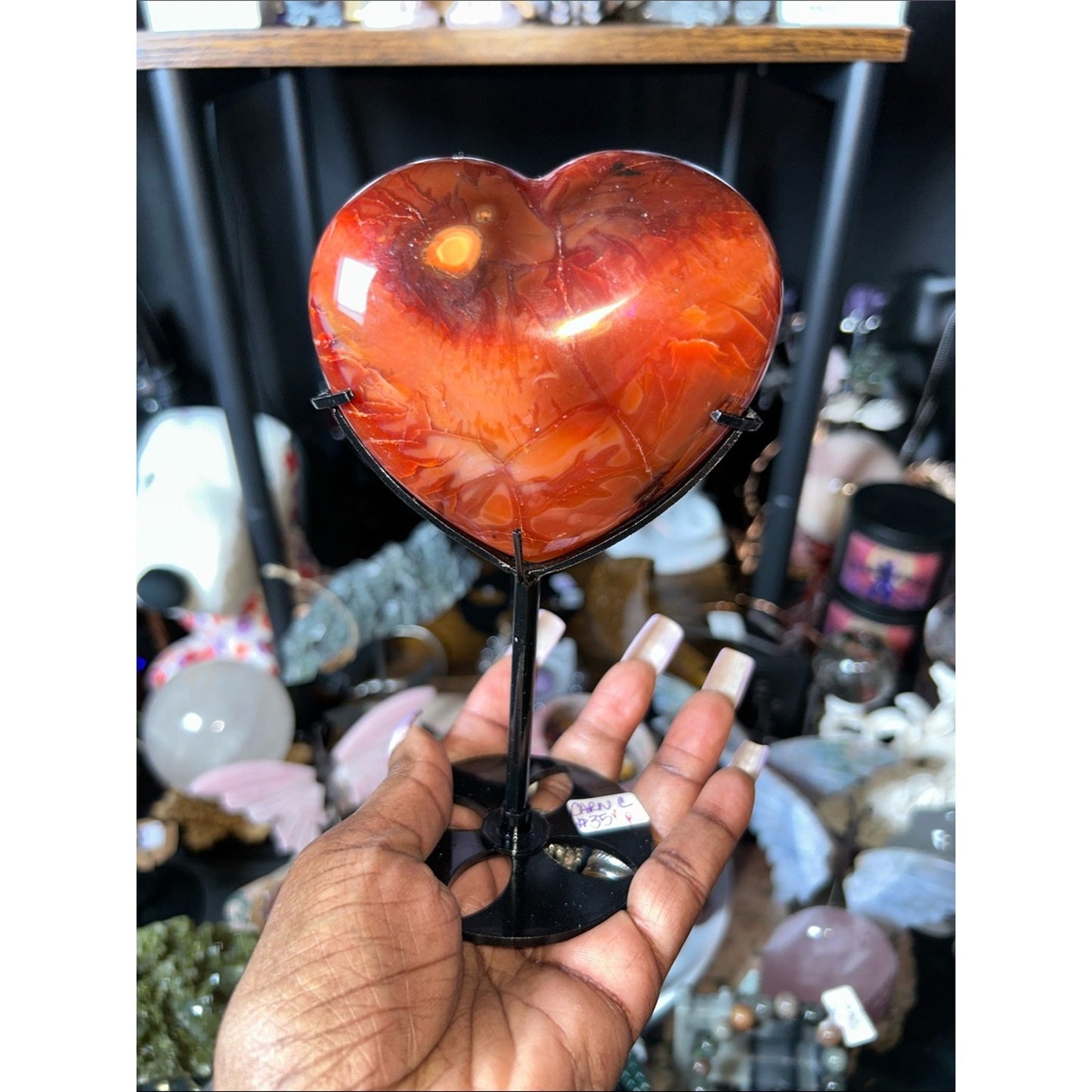 Polished Carnelian Agate Heart Gemstone w/Metal Stand - PRICE VERY FIRM